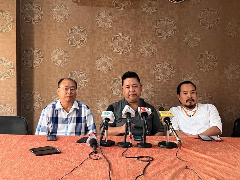 Rising People’s Party (RPP) president Joel Naga (centre), flanked by Vitho Zao, vice president (left) and Zhokhoi Chuzho, youth president (right) during the press conference (Morung Photo).